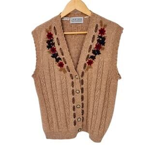 Vintage Jantzen Granny Sweater‎ Vest Womens L Tan Cable Knit Embroidered Floral